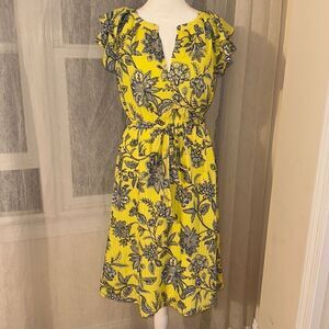 LOFT S Neon Yellow Blue White Floral Flutter Short Sleeve A-Line Belted Dress